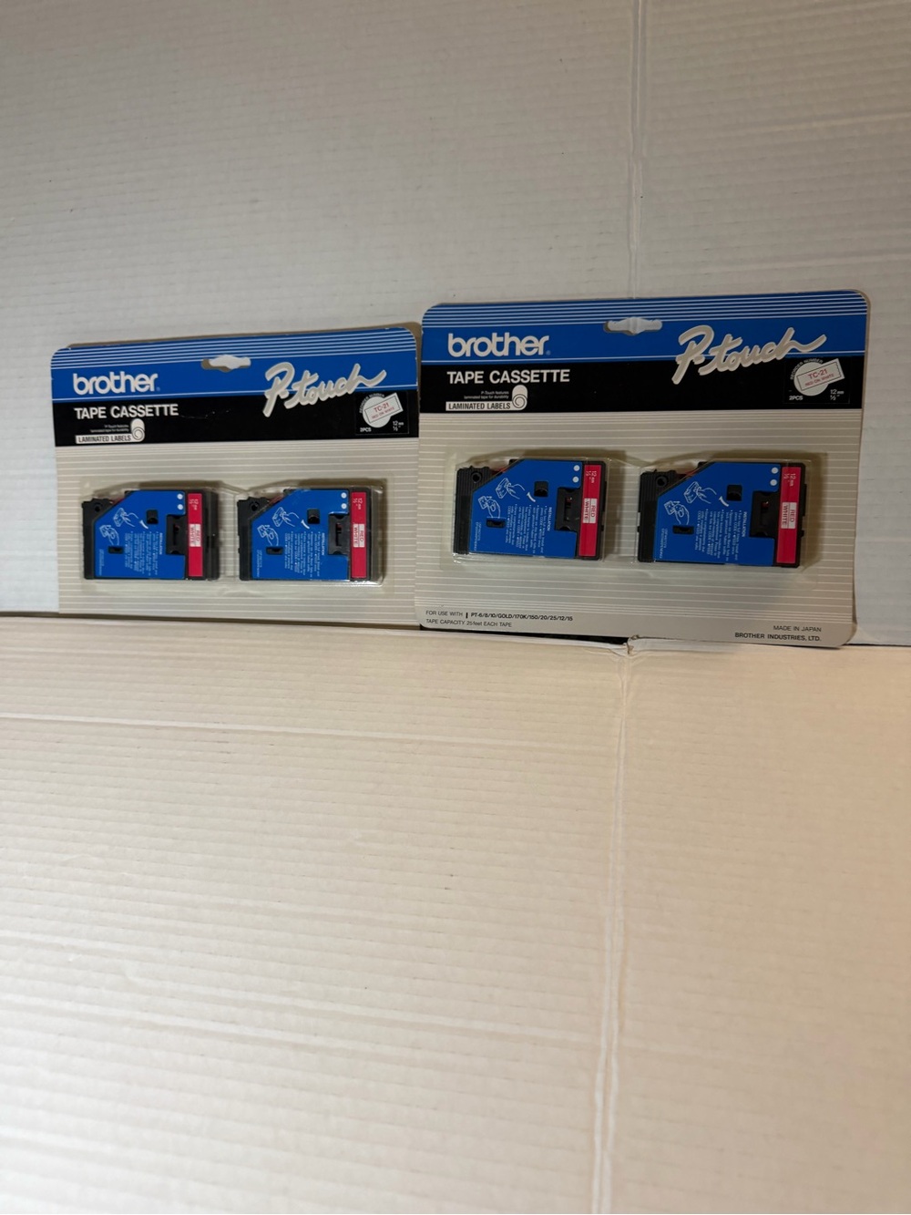 Brother TC-21 2 Pack 1/2" Red on White P-touch Tape Cassette Laminated LOT OF 2